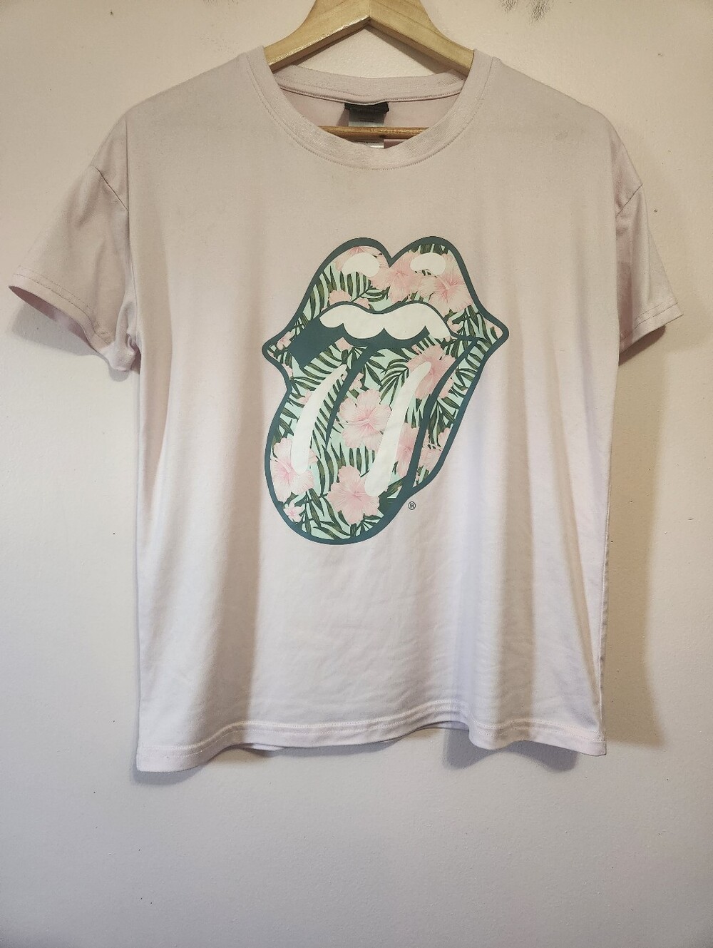 The Rolling Stones Pastel Pink Tropical Floral Graphic Band Tee Shirt Top XS